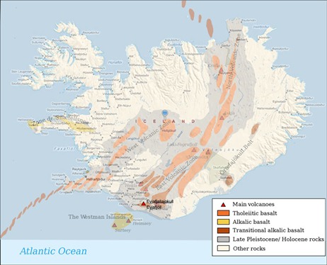 Map of Iceland with volcanic underlay