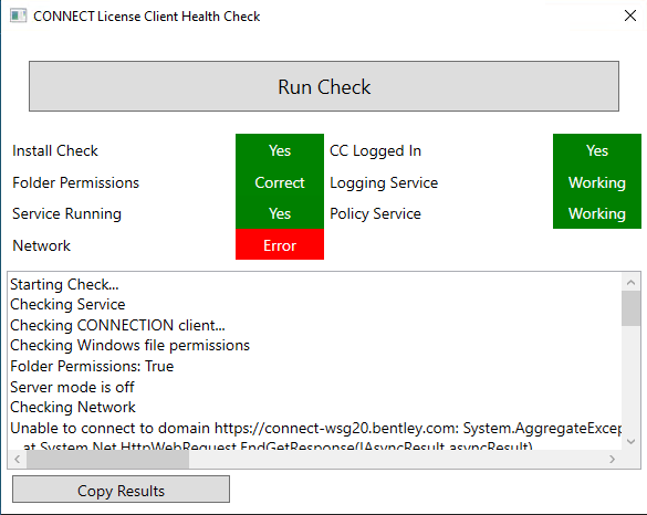 Screenshot Health Check tool with network failure