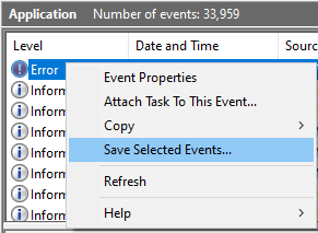 Screenshot of Save Selected Events menu item
