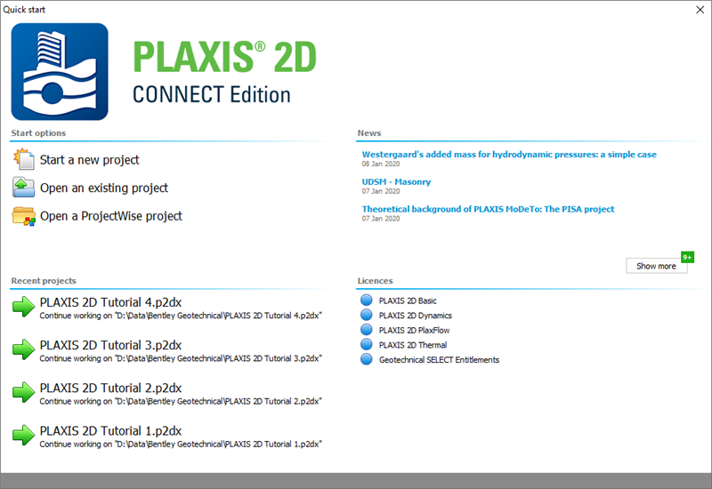 PLAXIS 2D CONNECT Edition V20 Update 1 - Quick start window